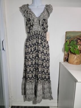 Indigo Rose Black and Cream Floral Ruffle Maxi Dress